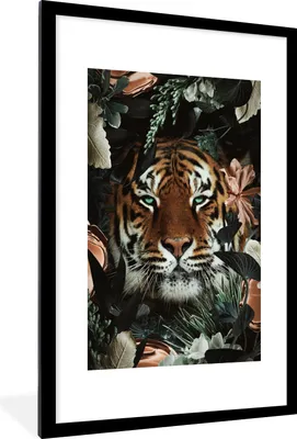 Produktbild von MuchoWow® MuchoWow® Gerahmtes Poster Tiger - Botanisch - Blumen 60x90 cm - Poster mit zchwarzem Bilderrahmen - Dekoration - Wandposter Wohnzimmer - Hochwertig