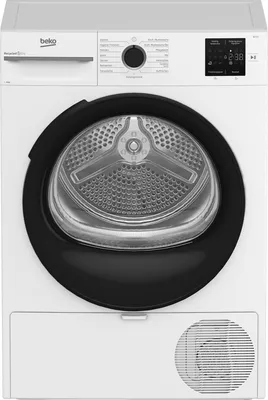 A front view of a white Beko heat pump dryer.