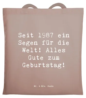 Produktbild von Mr. & Mrs. Panda Tote Bag Spruch 1987 Geburtstag - Braun Pastell - Geschenk, Shopping Tasche, Jutebeutel, persönliches, Segen für die Welt, Einkaufstasche, Geburtsjahr