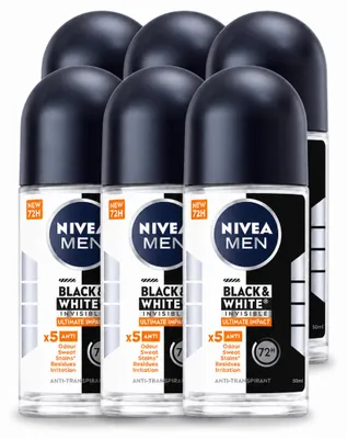 Imagen del producto de 6 unidades de desodorante roll-on NIVEA MEN Black & White Ultimate Impact, 50 ml cada uno. Paquete económico