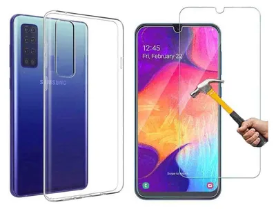A smartphone with a protective case and screen protector, with a hammer about to hit the screen protector.