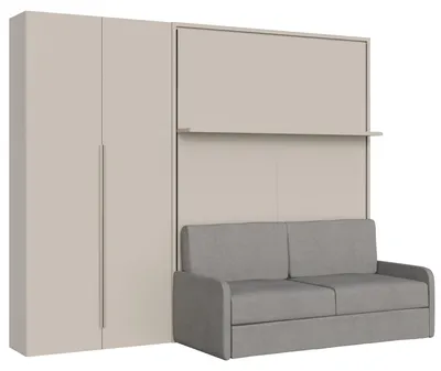 Produktbild von Vertikales französisches Klappbett Versia Sofà 140 mit Sofa, Regal und rechtem Kleiderschrank mit 2 Argilla-Türen