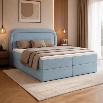 Produktbild von Boxspringbett BONITO 200x200 cm Komplett-Set mit Bettkasten, Bonell-Matratze H3 und Topper, Bouclé Hellblau