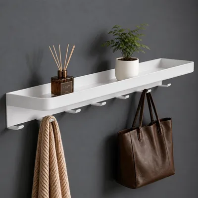 Produktbild von Mai & Mai Wandgarderobe mit Ablage, Garderobenleiste Inkl.7 Garderobenhaken Weiß 50cm, Reglo-20