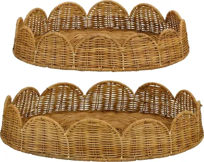 Produktbild von Mica Decorations Eleta Serviertablett Rund – Set von 2 – Deko Tablett für Wohnzimmer – Auch als Kerzentablett, Untersetzer oder Pflanzenuntersetzer geeignet – Rattan, Eisen – Braun