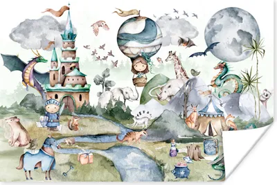 Produktbild von MuchoWow® Poster Kinder - Heißluftballon - Drache - Jungen - Burg - Aquarell 90x60 cm - Schlafzimmer