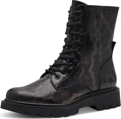 A single black and brown leopard print lace-up boot is shown against a white background.
