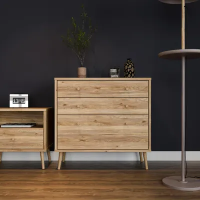 Produktbild von Forte HARLLSON Sideboard 90, Mid-Century-Modern Stil, leichte Montage dank EasyKlix by Forte, 3 Schubladen, Holzwerkstoff, Mauvella Eiche Holzdekor, 89,8 cm breit x 86,5 cm hoch x 41,5 cm tief