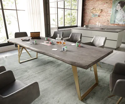 Produktbild von DELIFE Esstisch Edge 260x100 XL Akazie Platin Edelstahl Gold Schräg Live-Edge