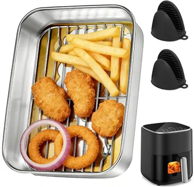 Produktbild von Auflaufform für Airfryer, Edelstahl, mit Abtropfgitter, Deckel und Griffen, für Küche