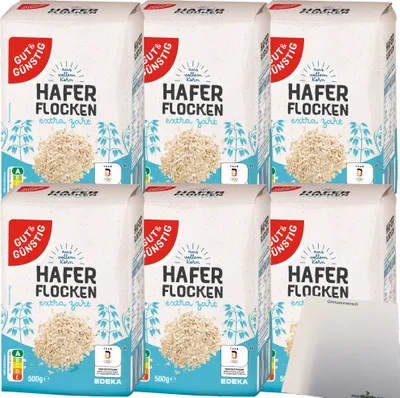 Produktbild von Gut & Günstig Haferflocken extra zart 6er Pack (6x500g Packung) + usy Block