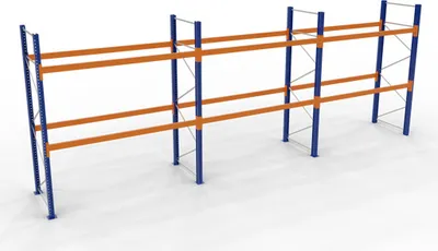 Produktbild von Schulte Palettenregal bis zu 800kg Palettengewicht | Grundregal | Fachlast 2400kg | HxBxT 500x854x110cm | 4 Ebenen mit 36 Palettenplätzen | Blau/Orange