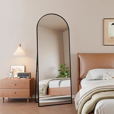 Imagen del producto de Espejo de pie, 162 x 53 cm, gran espejo curvo de cuerpo entero, con marco de aluminio . Espejo de pared con base, ideal para dormitorios, baños, recibidores, pasillos y tocadores (, forma de semicírculo)