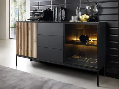 Immagine prodotto di Cassettiera ampia in vetro per il soggiorno RHOME - wotan / nero grafite + illuminazione LED GRATIS