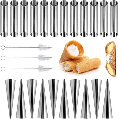 Produktbild von Ibenzoa® Cannoli-Formen-Set 25-teilig – rostfreier Edelstahl, Antihaftbeschichtung, 22 Formen + 3 Silikonpinsel & Reinigungsbürste, Backzubehör