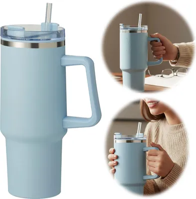 Produktbild von LS-LebenStil XL Edelstahl Trinkbecher Blau 1200ml mit Griff Strohhalm Vakuum Tumbler Kaffeebecher Coffee to Go Thermobecher Isolierbecher 1,2 Liter