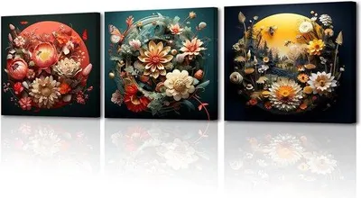Produktbild von Driedimensionale Blumenbilder auf Leinwand - Moderne Küchenbilder - Wanddekoration für Wohnzimmer - Blumenbild auf Leinwand - Yoga-Badkammer - Set aus 3 - 30 x 30 cm