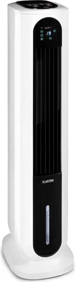 A tall, white tower fan with a black front panel displaying controls and a water level indicator.
