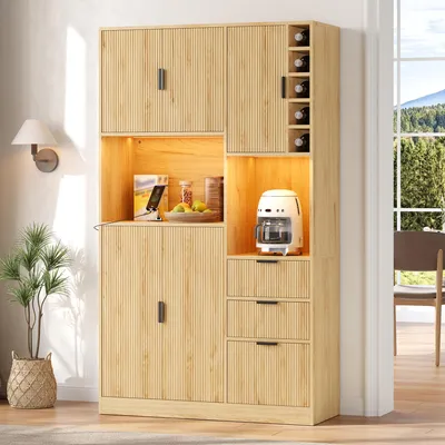 Immagine prodotto di MODFU, armadio da cucina alto, 180 x 105 x 40 cm, mobiletto buffet multifunzione con ripiano per vino, illuminazione a LED e 3 cassetti, finitura naturale