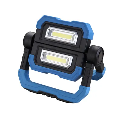 A portable LED work light with a blue and black casing, shown on a white background.