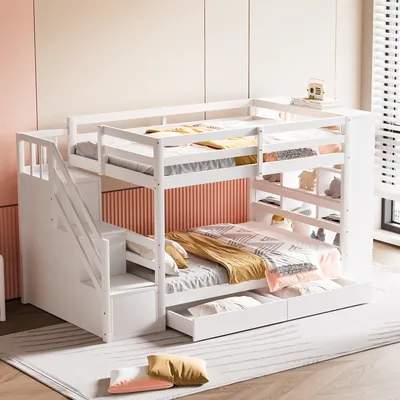 Produktbild von STILVORA Etagenbett 90x200cm Hochbett Jugendbett mit Rausfallschutz,Stockbett mit Schubladen und großen Schließfächern,mit Stauraum Treppe,Weiß(Ohne Matratze)