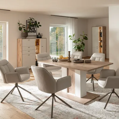 Produktbild von Esszimmer Komplett-Set mit Esstisch & LED-Beleuchtung, Eiche und weiß, Modern, 3-teilig - SAGUNTO-05