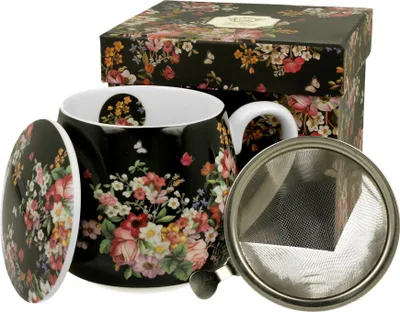 Produktbild von DUO FLORAL Fassbecher 430 ml VINTAGE FLOWERS BLACK mit Teesieb, New Bone China Porzellan