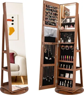 Produktbild von GOPLUS Schmuckschrank mit Ganzkörperspiegel, 360° drehbarer Spiegelschrank mit 3-farbigem LED-Licht, Schmuckaufbewahrung abschließbarer (Braun)