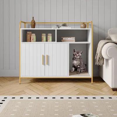 Image de Armoire moderne en bois pour litière de chat, avec étagères, orifices de ventilation, etc
