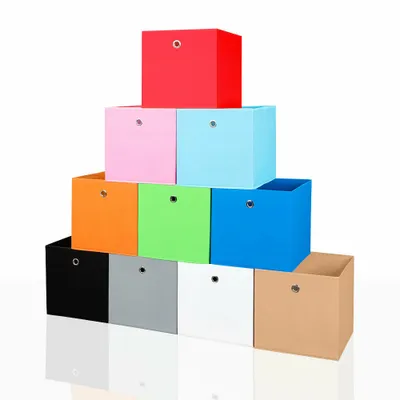 A pyramid of colorful storage cubes stacked against a white background.