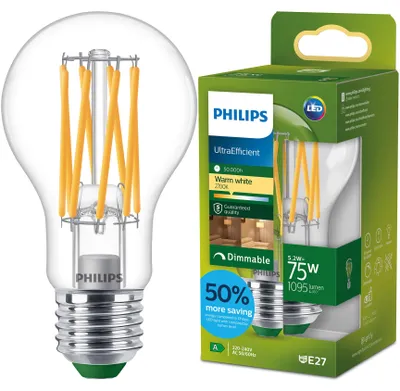 Produktbild von Philips Filament-Lampe, transparent, 75W A60 E27, 5,2 W, 75 W, E27, 1095 lm, 50000 h