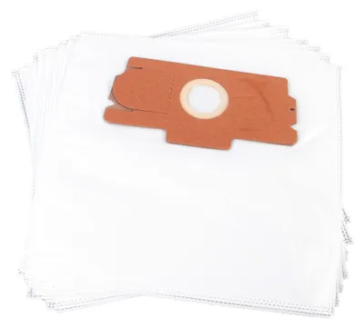 A stack of white vacuum cleaner bags, with one bag on top showing its cardboard connector.
