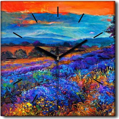 Produktbild von Coloray Uhr auf Leinwand 30x30 cm Wand Uhr Dekoration Wohnzimmer Segeltuch schwarze Hände -Lavendelwiesenlandschaft.