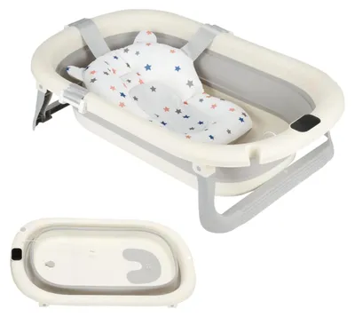 Immagine prodotto di Vaschetta da bagno per neonati - Vaschetta pieghevole con tappetino antiscivolo - Attacco per doccia - Termometro integrato - Adatta a bambini dai 13 ai 24 mesi - Colore: grigio