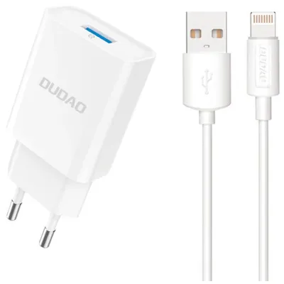 Zdjęcie produktu dla Ładowarka Sieciowa Dudao A4Eu Usb-A 2.1A - Biała + Kabel Usb-A - Lightning