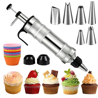 Produktbild von Kuchendekorations-Set, Gebäckpresse mit 6 austauschbaren Spritztüllen, 18-teilig, Edelstahl 304, für Backen und Tortendeko