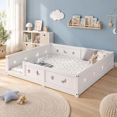 Obrázek produktu pro Postel INONEFT, spodní rám 140 x 200 cm, dřevěná postel s ochranou proti vypadnutí a rošt, dětská postel s ohrádkou a výřezem ve tvaru hvězdy a měsíce, vhodná pro chlapce i dívky