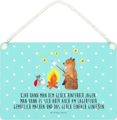 Produktbild von Mr. & Mrs. Panda Schild Bär & Marienkäfer Lagerfeuer DIN A4 - Blau Pastell - Geschenk, Türschild, holzbild, wandtafel, Deko Wandbild, Holz, Teddy