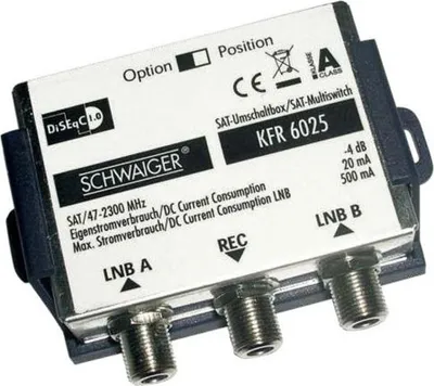 Produktbild von Schwaiger KFR6025531, 2 Eingänge, 1 Ausgänge, 950 - 2300 MHz, 4 dB, 75 Ohm, 75 Ohm