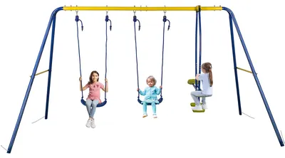 Imagen del producto de Columpio 3 en 1 con estructura de metal, que incluye 1 columpio y 2 asientos colgantes, ideal para el jardín