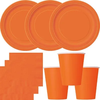 Produktbild von Party Deko Set Orange Einweggeschirr für 16 Personen Teller, Becher, Servietten