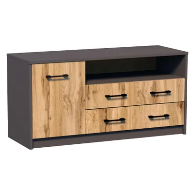 Produktbild von Meblando TV-Lowboard Fernsehschrank mit 2 Schubladen, Türen mit Regalen, TV-Board TV-Schrank, Breite:110cm, Anthrazit Grau / Wotan Eiche