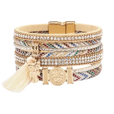 Produktbild von Lederarmband Damen, Mehrschichtiges Armbänder Leder mit Magnetschnalle, Boho Wickelarmband,  Beige
