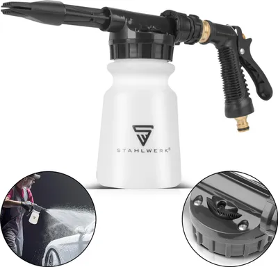 A foam sprayer gun for car washing, with a close-up of the nozzle and a lifestyle shot of someone using it.