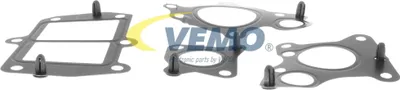 Three engine gaskets with black plastic locating pins, with a VEMO logo and text overlay in the background.