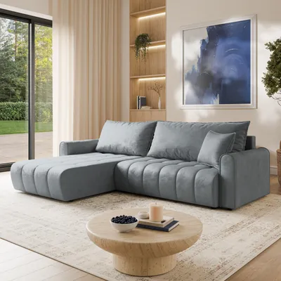 Produktbild von Masseno Ecksofa FRIGA mit Schlaffunktion L-Form, Sofa mit Bettkasten, Wohnzimmersofa, Couch, Soffa, Bettsofa, Couchgarnitur- Grau, MONOLITH 85
