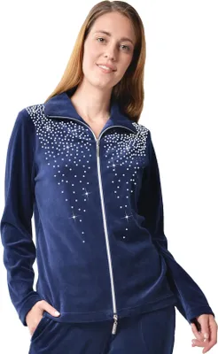 Produktbild von DESEN Damen Freizeitjacke Hausjacke Bluse Mit Reißverschluss Sport Heller Strassstein 80% Baumwolle Nachtblau 44/46 XL