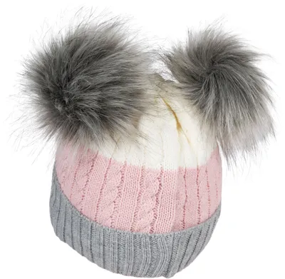 Produktbild von styleBREAKER Kinder Strick Bommelmütze 3-Farbig Gestreift, 2 Kunstfellbommel, Fleece Futter, 2-5 Jahre 04024204