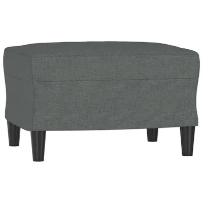 A dark gray fabric ottoman with four black legs is shown from the front.