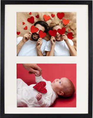 A collage of two photos, one of a couple holding heart shapes over their eyes and another of a baby with a heart decoration.